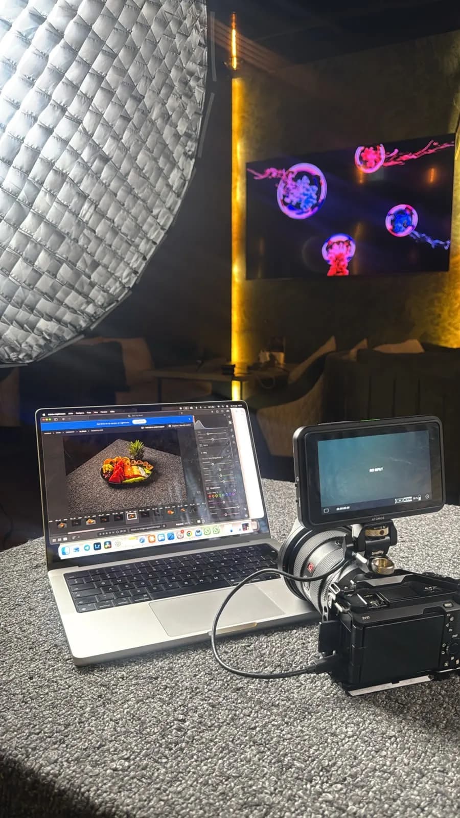 Our camera, monitor and laptop on set
