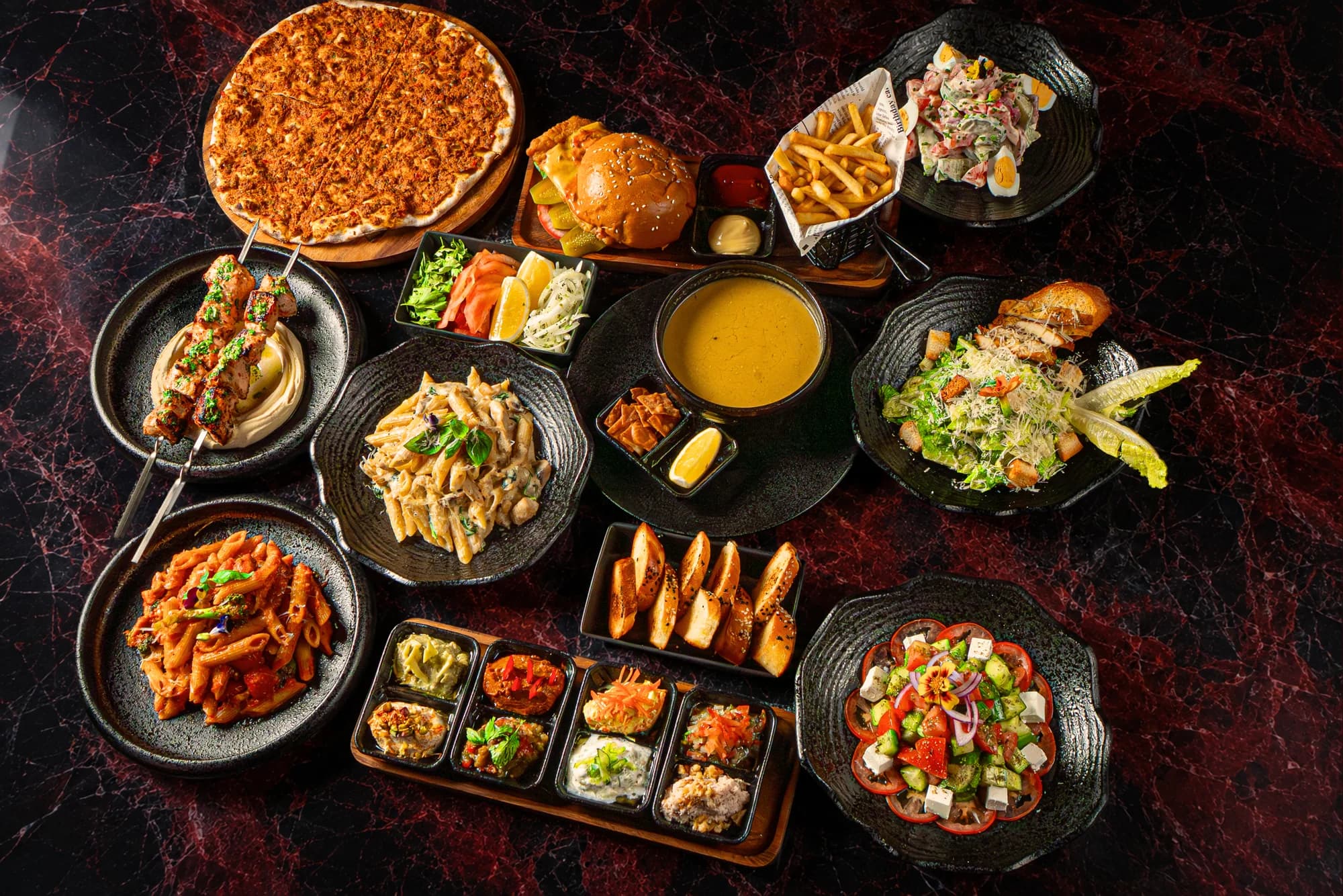 A table full of dishes, seen from above