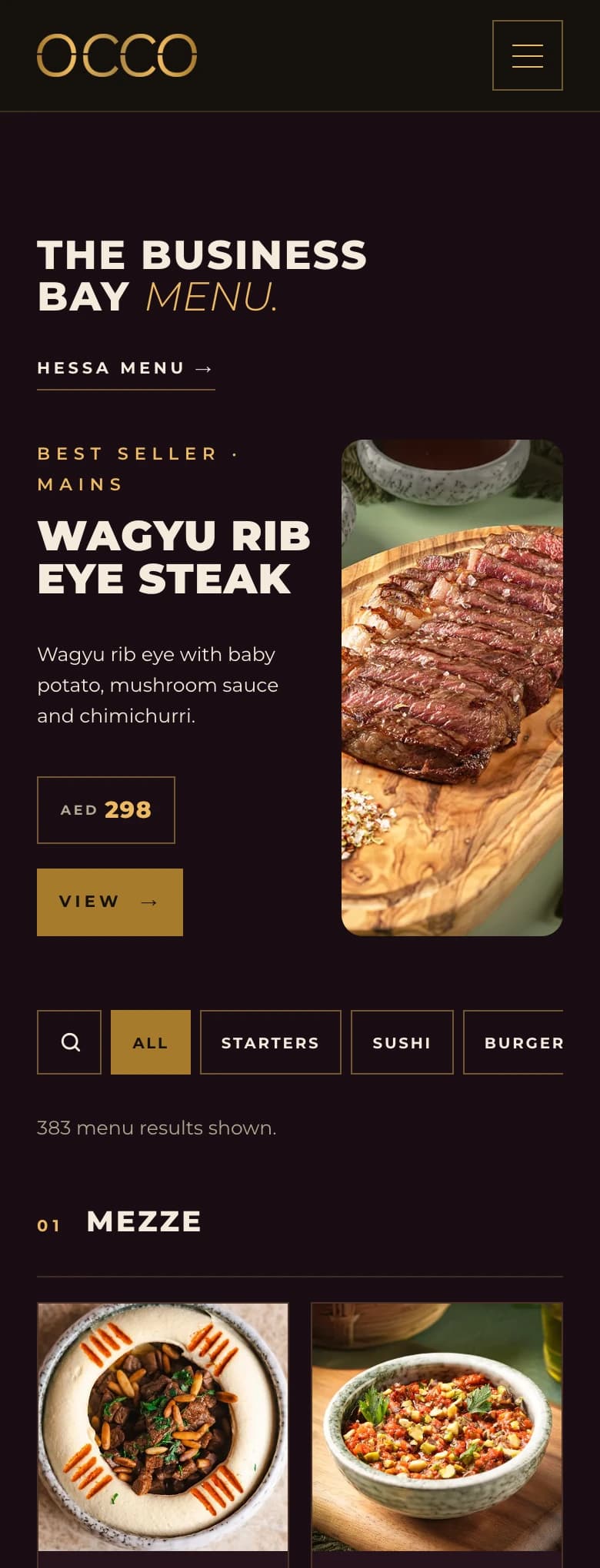 Top of the OCCO Business Bay menu on a phone
