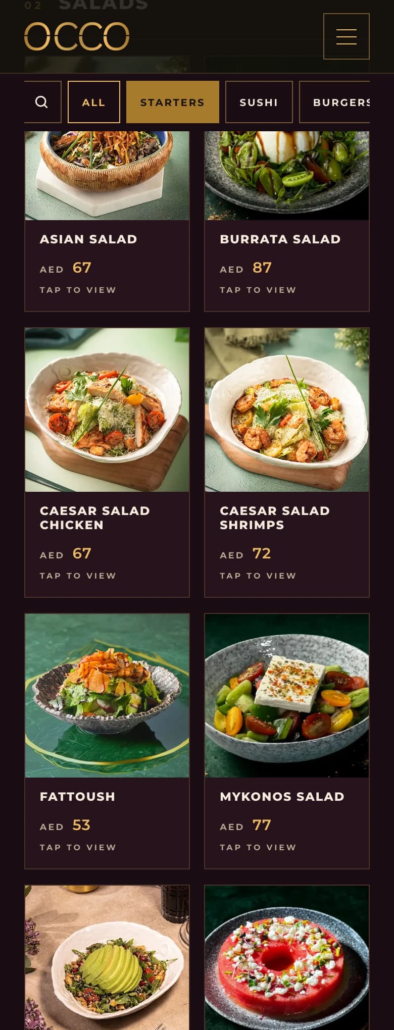 Salads in the OCCO Business Bay menu on a phone